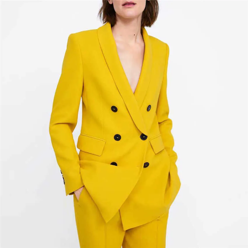 Femmes élégantes jaunes blazers et vestes poches double boutonnage vêtements d'extérieur bureau dame vêtements de travail chic hauts costumes manteau 210930