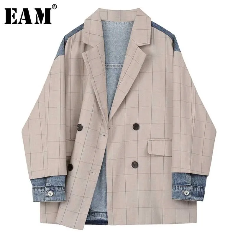 [EAM] Женщины Khaki плед джинсовые большие размеры Blazer отворот с длинным рукавом свободные подходящие куртки мода весна осень 1x214 211222