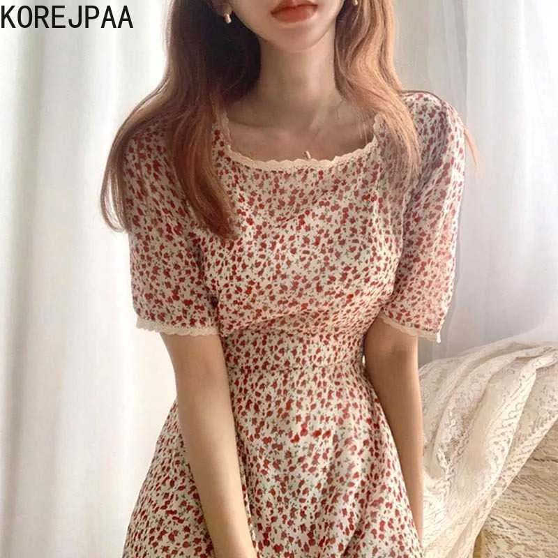 Korejpaa Women Dress Summer Korean Fashion Sweet Lace Stitching Square Collar Waist Short-sleeved Flong Loral Dresses 210526