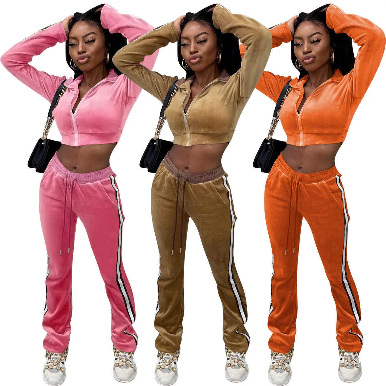 Designers Women Sports Tracksuits Clothes 2021 Ny mode sammet fritid tvåstycken kostym kvinnliga uppsättningar