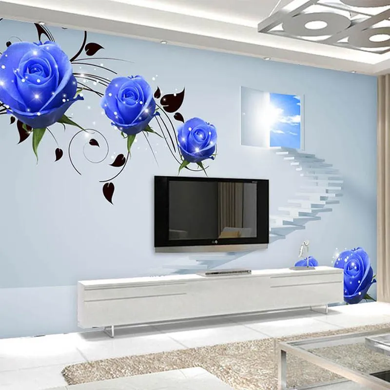 Bakgrundsbilder anpassade blå ros blommor stege väggduk papper för 3d vardagsrum sovrum TV bakgrund hem inredning stor väggmålning fresco