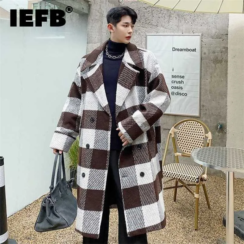 IEFB جودة عالية الكورية تصميم الصوف معطف الرجال خمر منقوشة مزدوجة الصدر سميكة الخريف الشتاء طويل تويد معطف 9Y9873 211122
