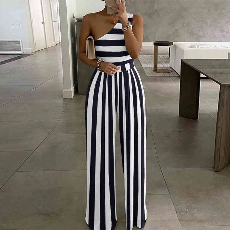 Elegant Wide Leg Jumpsuit Fashion Women One Shoulder Club Romper Bodysuit Office Lady Summer Sexy Off Shoulder Overalls Playsuit 210521