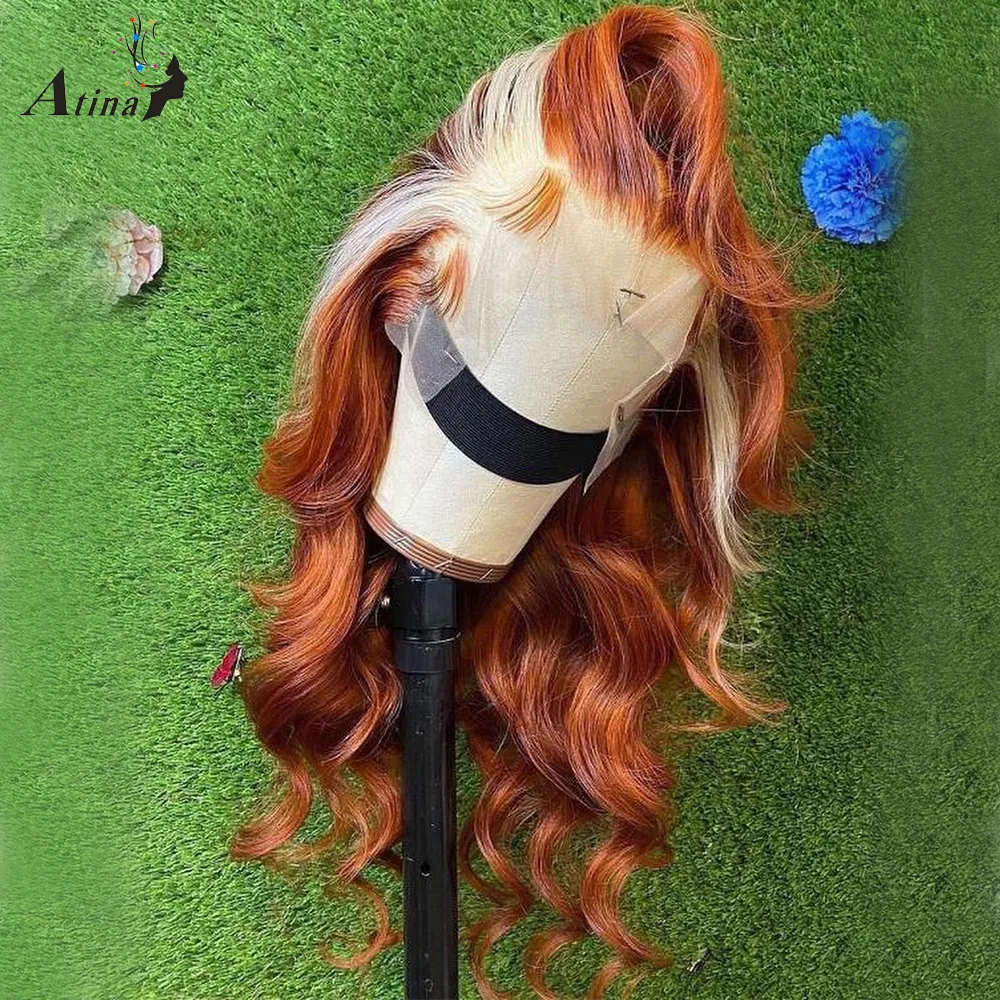 Long Honey Blonde Lace Frontal Human Hair Wig Ombre Ginger Orange Full Front Highlight 28 30 Inch Synthetic Deep Wave Wigs