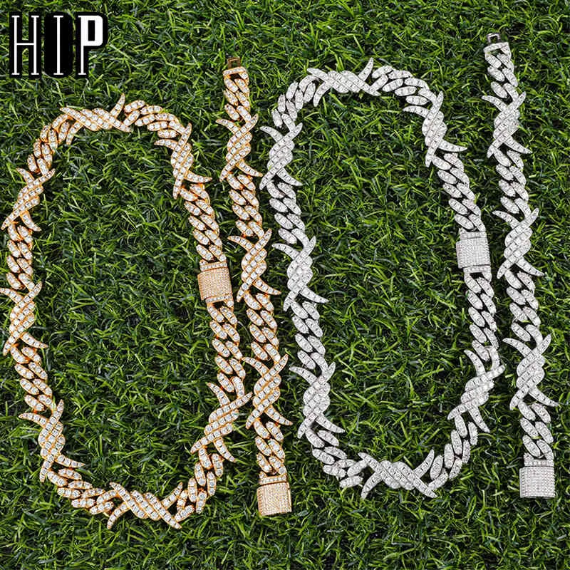 Hip Hop 19mm Iced Out Bling Cz Heavy Rock Thorns Box Buckle Cubic Choker Halsband Armband för män Smycken med fast Back X0509