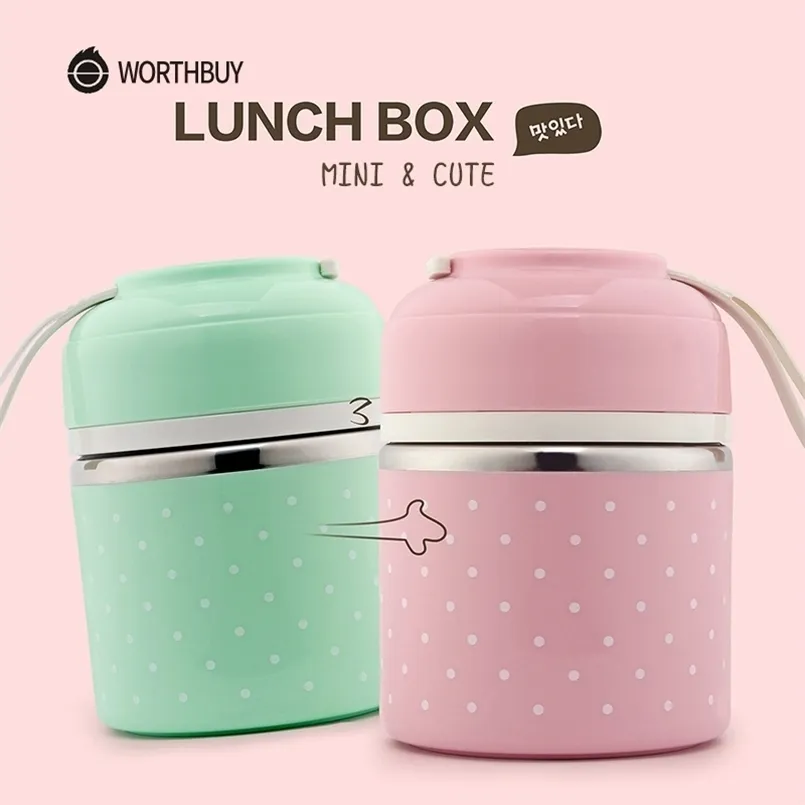 WORTHBUY Drop Cute Lunch Box per bambini Portatile in acciaio inossidabile Bento Contenitore per alimenti a prova di perdite Cucina 211108