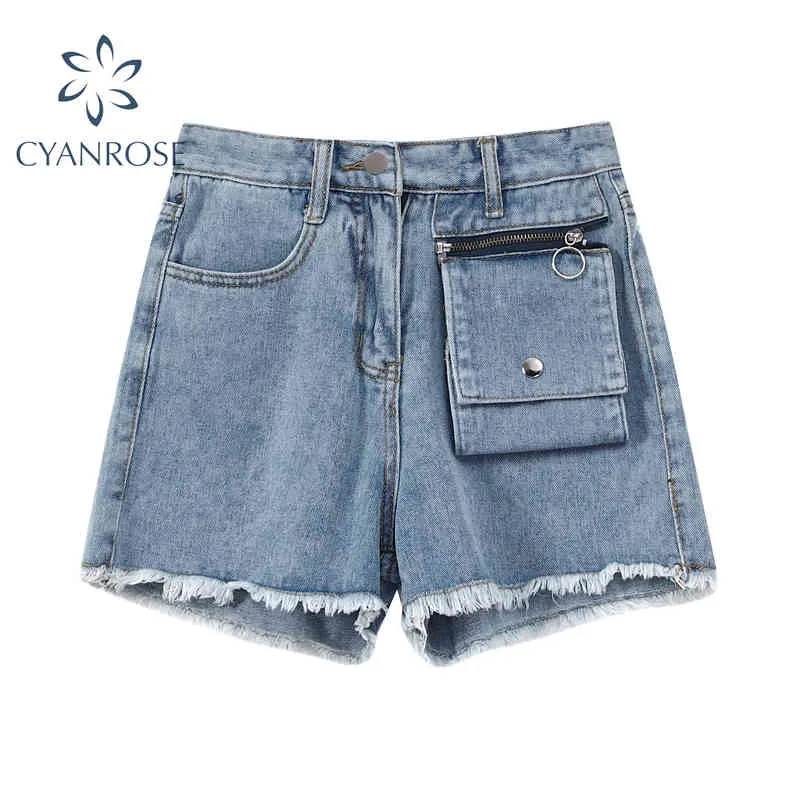 Women's Shorts Denim Pants High Waist Blue Pocket Streetwear Tassel Design Zipper Y2K Sexy Shorts Jeans New Tide Buttoms 210417