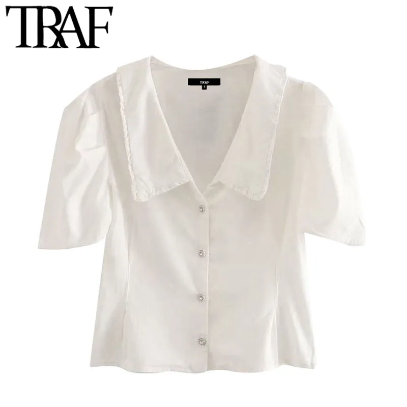 TRAF Women Sweet Fashion Button-up White Cropped Blouses Vintage Lapel Collar Short Sleeve Female Shirts Chic Tops 210415