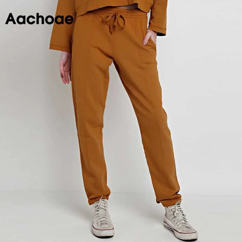 Aachoae Solid Full Length Pants Women Drawstring Office Casual Trousers Pleated Soft Sport Style Pencil Pants Female Ropa Mujer Q0801
