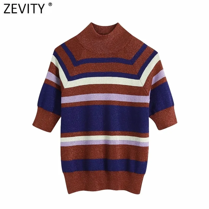 Kobiety Vintage Turtleneck Collar Kolorowe Paski Slim Knitting Sweter Kobieta Krótki Rękaw Chic Pullovers Topy S611 210416