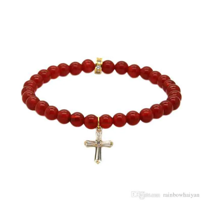 Wholale Summer Bracelets 6mm Grade Natural Red Agate with Clear Cross Cz Beads Bracelets