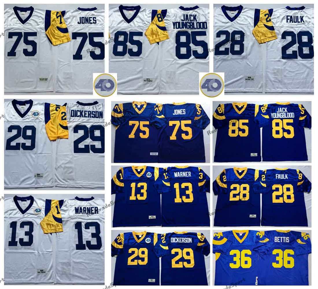 Vintage 1985 40th 36 Jerome Bettis Football Jerseys 29 Eric Dickerson 28 Marshall Faulk 85 Jack Youngblood 13 Kurt Warner 75 Deacon Jones Jerseys Mens Blue Shirts