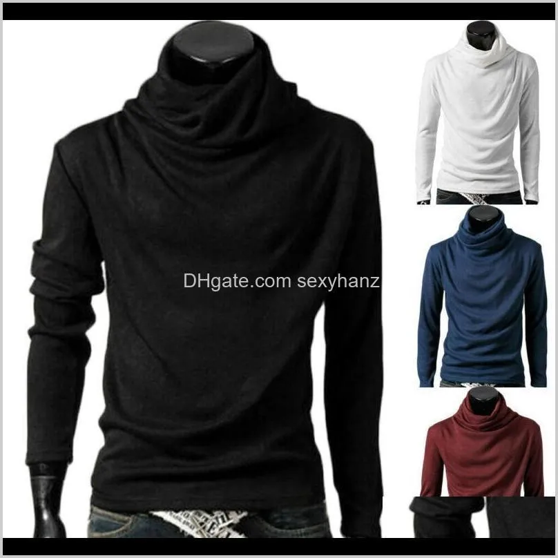 men`s t-shirt autumn winter high collar turtle neck pullover solid casual male tee long sleeve tops