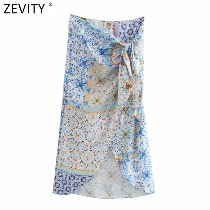 Zevity Womenビンテージ布パッチワーク花柄プリント結び目サロンスカートFaldas Mujer女性サイドジッパーシックスリムvestidos Qun793 210730