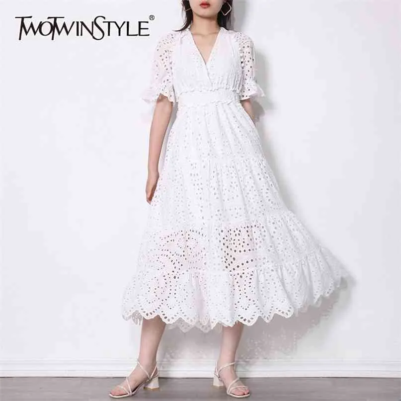 White Dress For Women V Neck Short Sleeve High Waist A Line Mid Lace Patchwork Solid Dresses Female Summer 210520