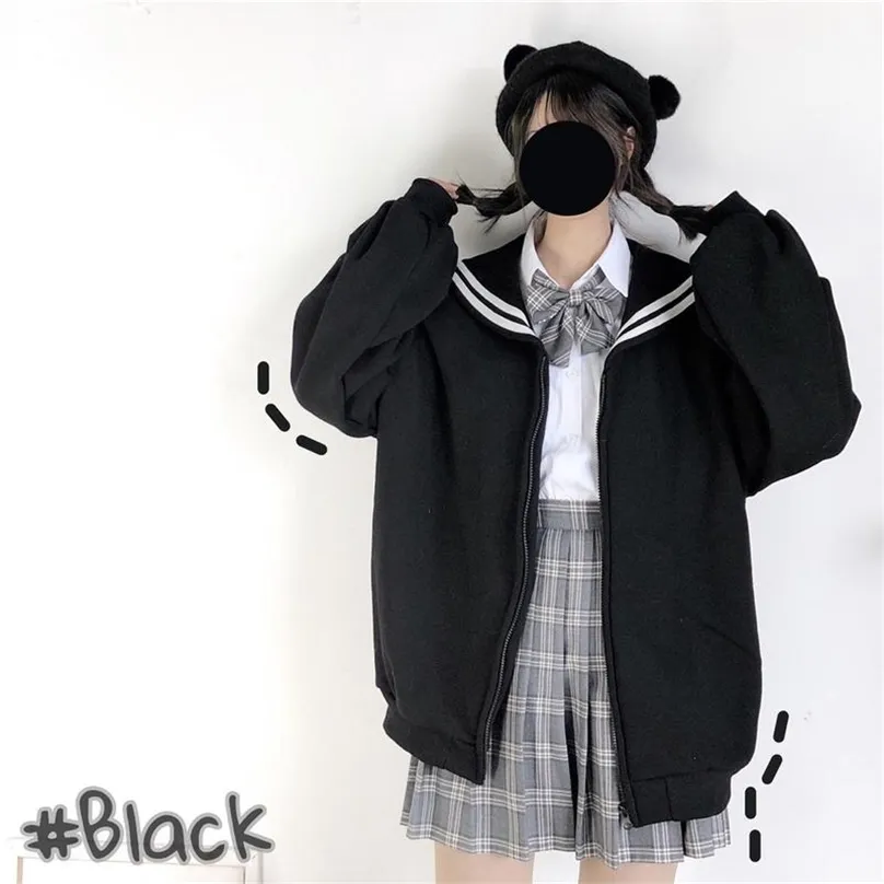 Qweek kawaii preto zip up hoodie mulheres marinheiro colar de moletom japonês streetwear menina macia moda enorme 210803