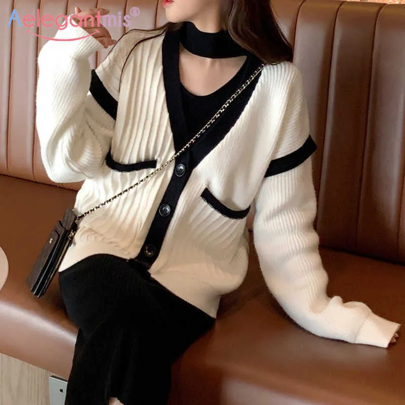 Aelegantmis Stylish White Women Knitted Cardigan Sweater Long Sleeve Casual Knit Cardigans Girls Outwear Ladies Korean Chic Tops 210607