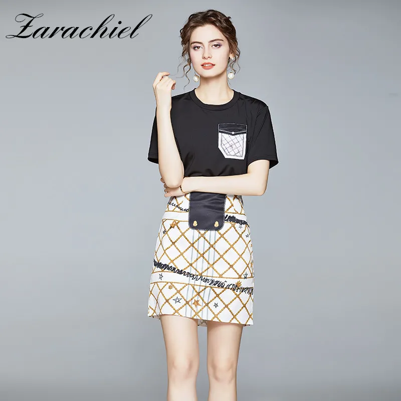 Casual Tennis Sports Sweetheart Girls Two Piece Set Women Summer Short sleeve Black T-shirt + Plaid Bodtcon Mini Skirt Suit 210416