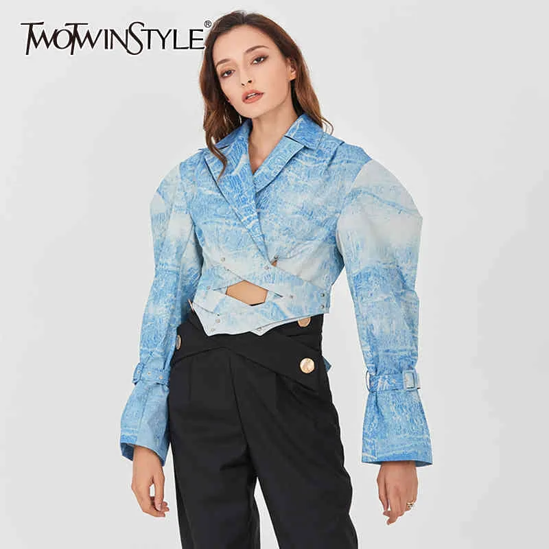 TWOTWINSTYLE Print Hollow Out Lace Up Coat para mujer con muescas manga larga abrigos sueltos mujer otoño moda ropa 210517