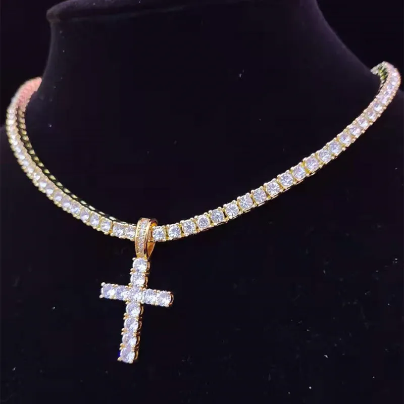 Colliers pendentifs hommes femmes Hip Hop collier croix avec chaîne de tennis en zircon de 4 mm glacé Bg HipHop bijoux cadeau de mode_voghion.com