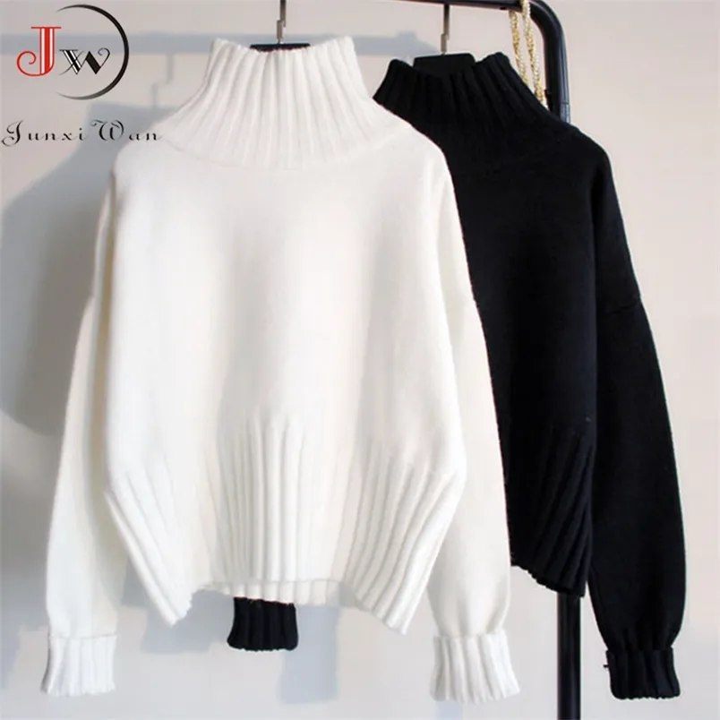 Kobiety Turtleneck Swetry Jesień Zima Z Długim Rękawem Grube Solid Solid Black White Casual Miękki Ciepły sweter Pull Femme Pullover 211007