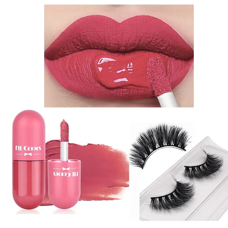 Lip Gloss 2PCS Sexy Moisturizing Velvet Long Lasting Matte Jelly Red Cosmetics Lipsticks With False Eyelashes