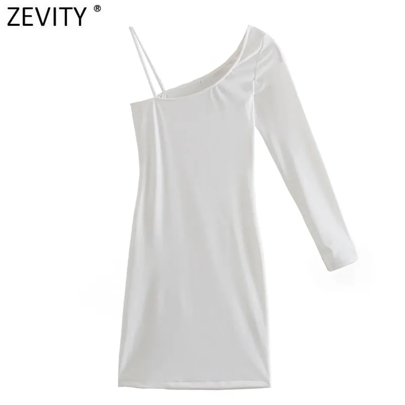 Women Sexy Single Shoulder Asymmetrical Shirt Dress Female Chic Side Zipper White Casual Slim Mini Vestidos DS8276 210416