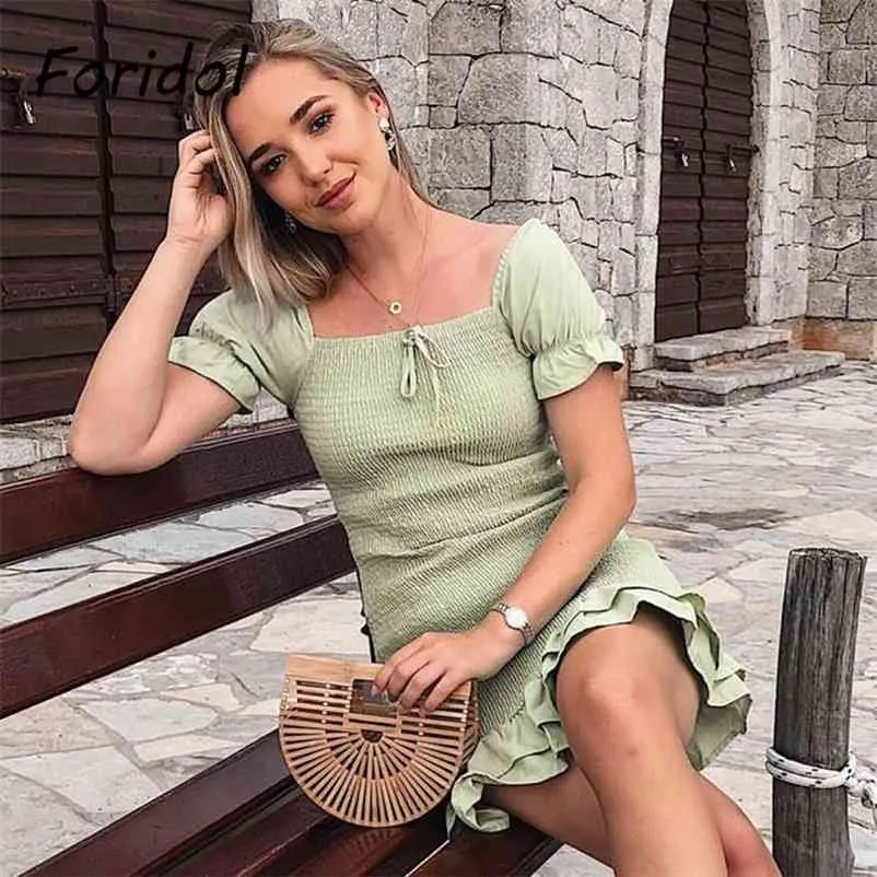 Foridol Bowknot Bodycon Green Summer Dress Short Sleeve Boho Beach Short Mini Dress Ruffle Women New Clothing 210415