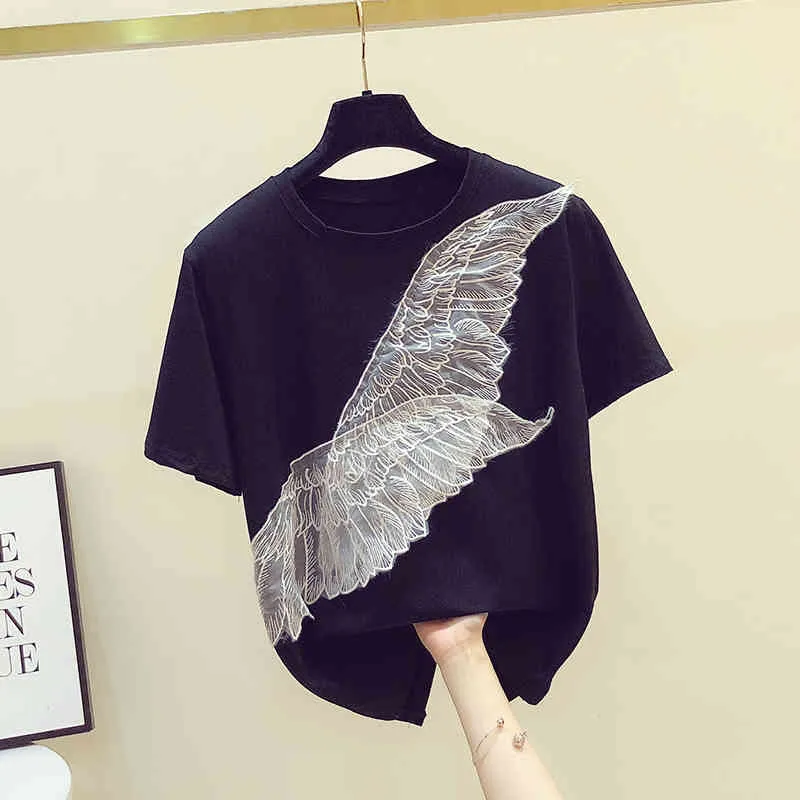 Women's Short Sleeves O Neck Stereoscopic Wing Design Cotton T-shirt Tee Summer Laides Pullover Casual Tops Tees A3387 210428