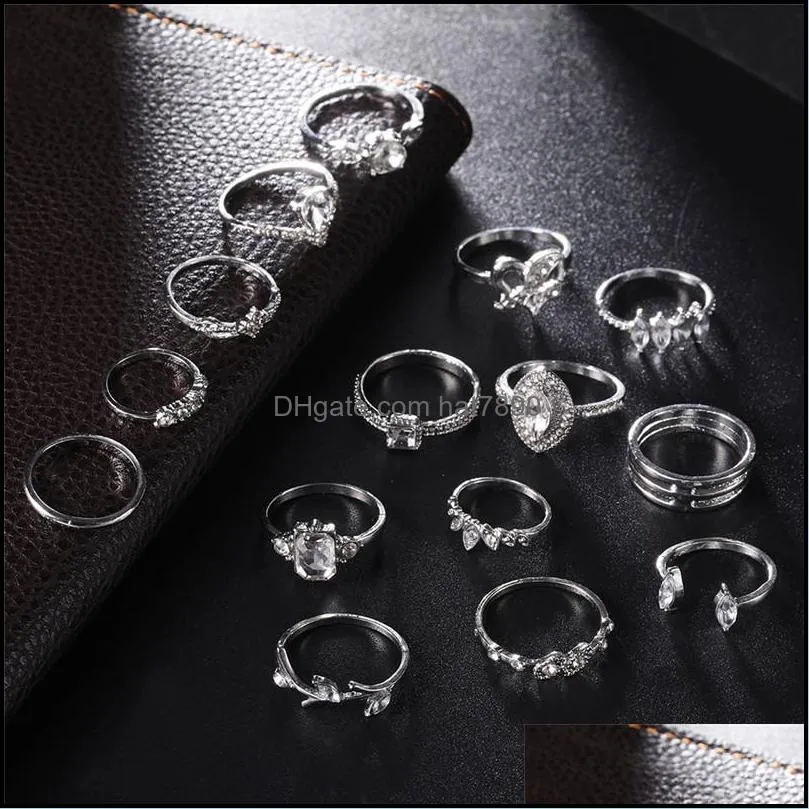 15 Pcs/Set Vintage Bohemian Geometric Wave Knuckle Rings Sets For Women Retro Silver Finger Rings Jewelry Wedding YC