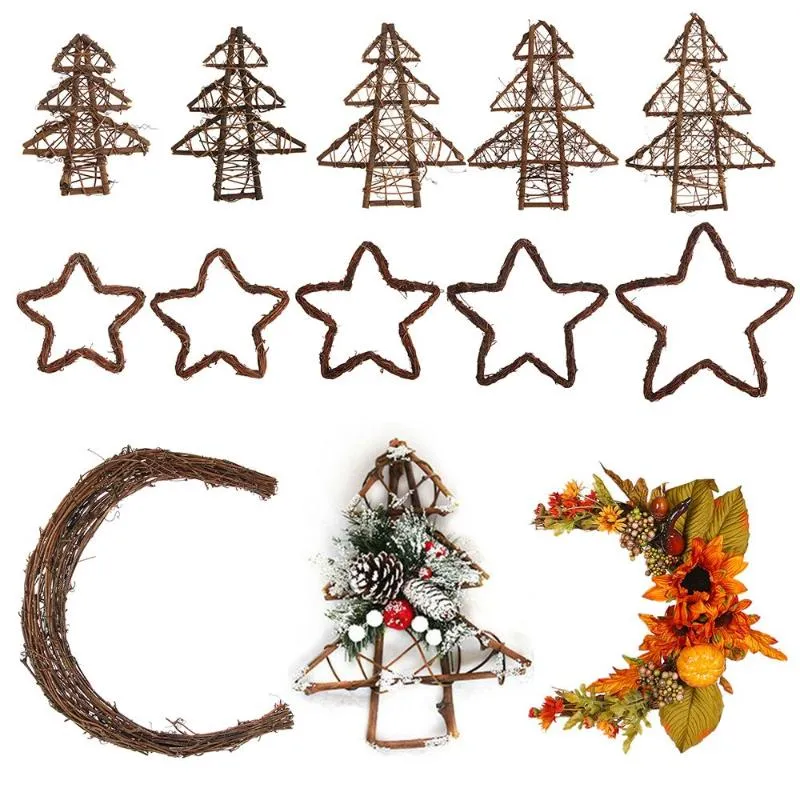 Party Decoration Xmas Tree Shape Artificial Rattan Ring Christmas Wreath Garland Hollow Star Moon Festival Supplies