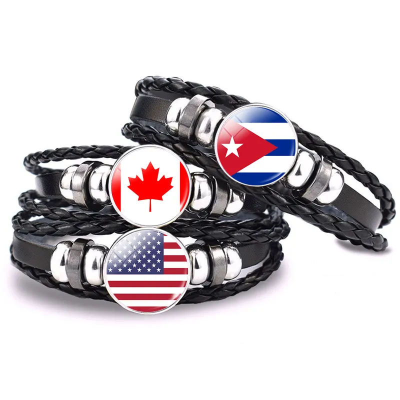 Nord America Bracciali Bangle Canada Messico Giamaica Bahamas Cuba Barbados Flag Bracciale cabochon in vetro con bottone in pelle nera