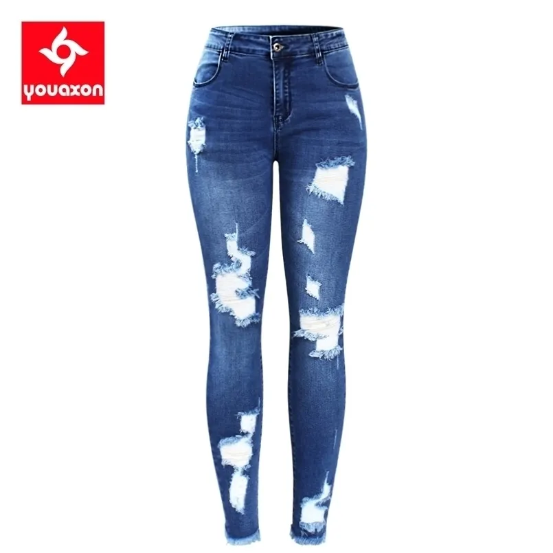 2127 Youaxon S-XXXXXL Ultra Stretchy Blue Tassel Ripped Jeans Woman Denim Pants Trousers For Women Pencil Skinny 210809