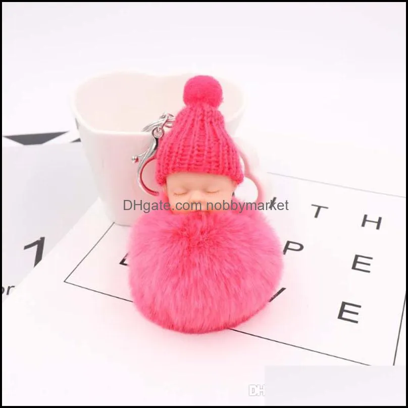 Baby Fur Ball Doll Keychain Sleeping Baby Doll Pompom Rabbit Fur Key Chain Car Keyring Key Holder Charm Jewelry