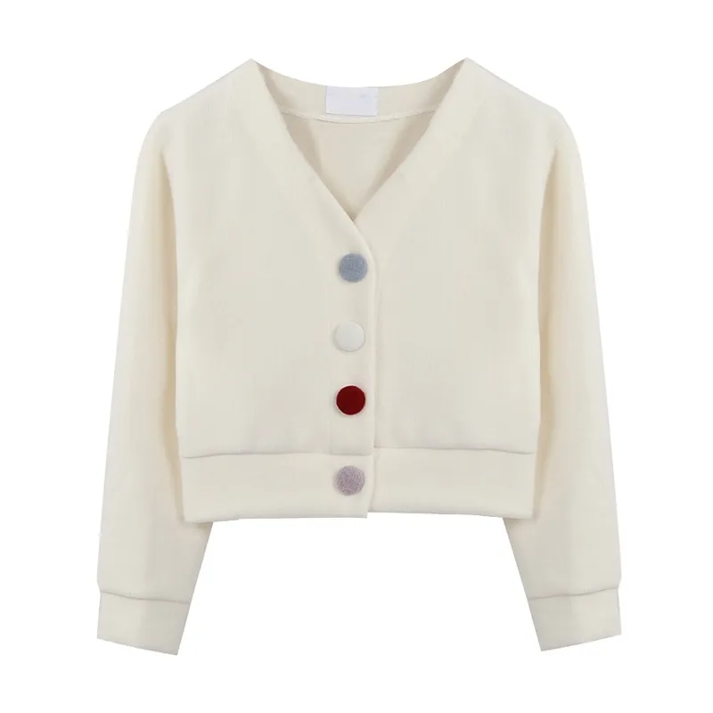 Women Sweater Knitted Long Sleeve White Pink Blue Red Cardigans V-neck Cropped Button M0422 210514