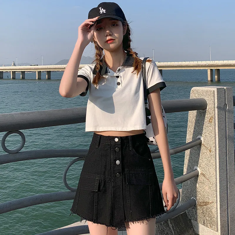 Compra Pantalones Cortos De Mezclilla 2021 Para Mujer Y Verano Nuevo Pantalón  Falda De Pantalón Coreano Coreano Cintura Altas Pecho Falda Negra Vestido  De Mujer Barato | Entrega Rápida Y Calidad | Es.Dhgate