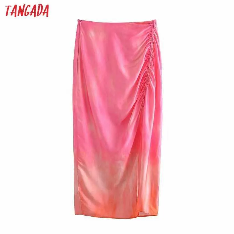 Tangada 여성 넥타이 염색 인쇄 Pleated Long Skirt Faldas Mujer 빈티지 사이드 지퍼 오피스 여성 우아한 세련 된 중간 송아지 스커트 3H46 210609