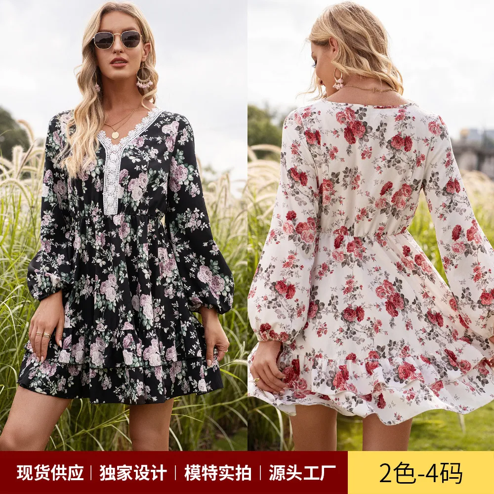 2021 Spring And Autumn Floral Dress Printed Lace V Neck Long Sleeve
