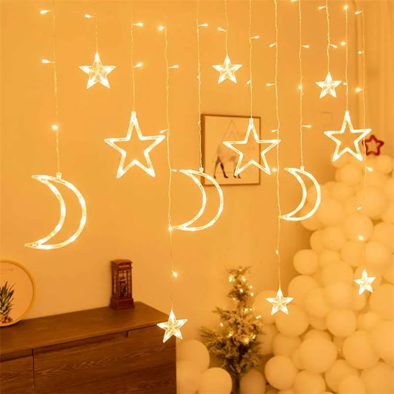 Moon Star LED Fairy Lights String Christmas Year Curtain Lamp Eid Mubarak Party Decoration For Home Bedroom Ramadan Kareem 211012