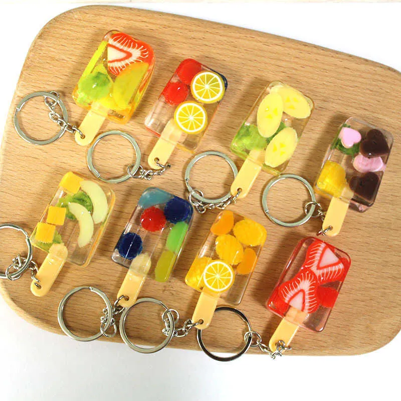 5 PCS Cute crystal simulation popsicle keychain diy fruit ice cream popsicle student couple bag pendant jewelry G1019