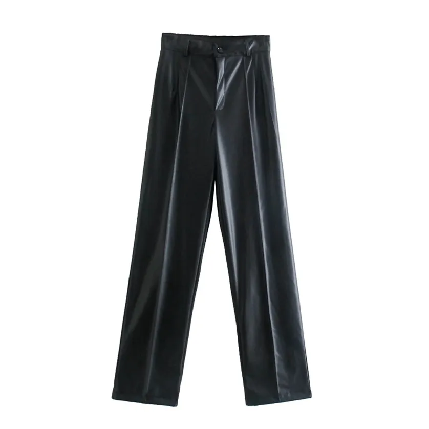TRAF Faux Leather Pant Za Black High Waist Woman Trousers Autumn Fashion Streetwear Wide Leg Loose s 220211