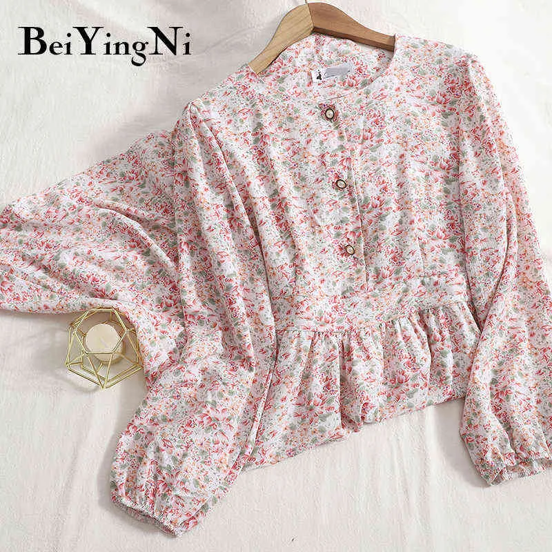 Beiyingni Floral Printed Women Dress Elegant Vintage Korean Fashion Vestidos Womans Buttons O-neck Long Sleeve Chiffon Dresses Y1204