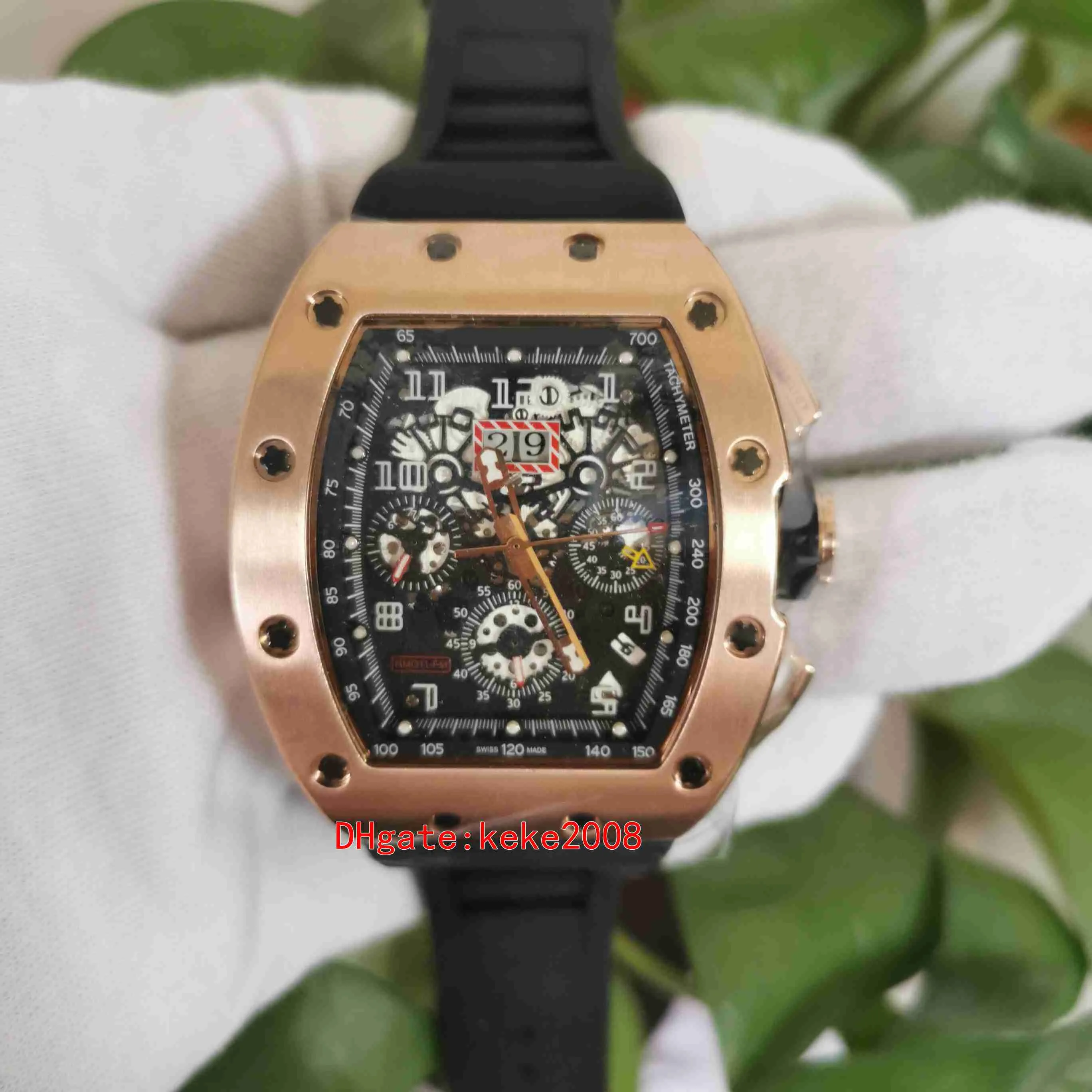 2 estilos relógios de pulso de alta qualidade relógio 50mm x 40mm R M 011 Flyback luminescente rosa ouro faixas de borracha preto transparente Mechanica266G