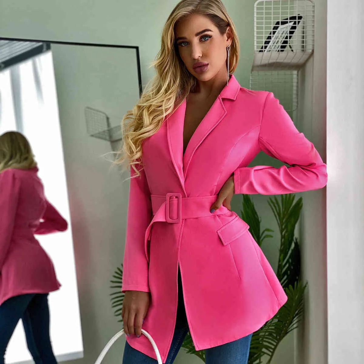 Elegancki Pas Blazer Kurtka Kobiety Biznes Biuro Panie Blazer Płaszcz Jesień Winter Streetstyle Pink Coat Streawear 210415