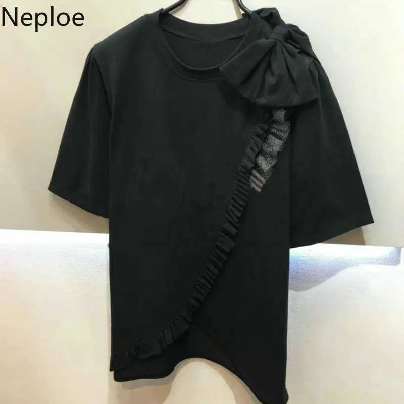 Neploe Bow Knot Koszulki Damskie 2021 Lato Koreańska Moda Pół Rękaw O Neck Kobiet Topy Luźne Casual Cotton Damskie Tees 1A027 X0628