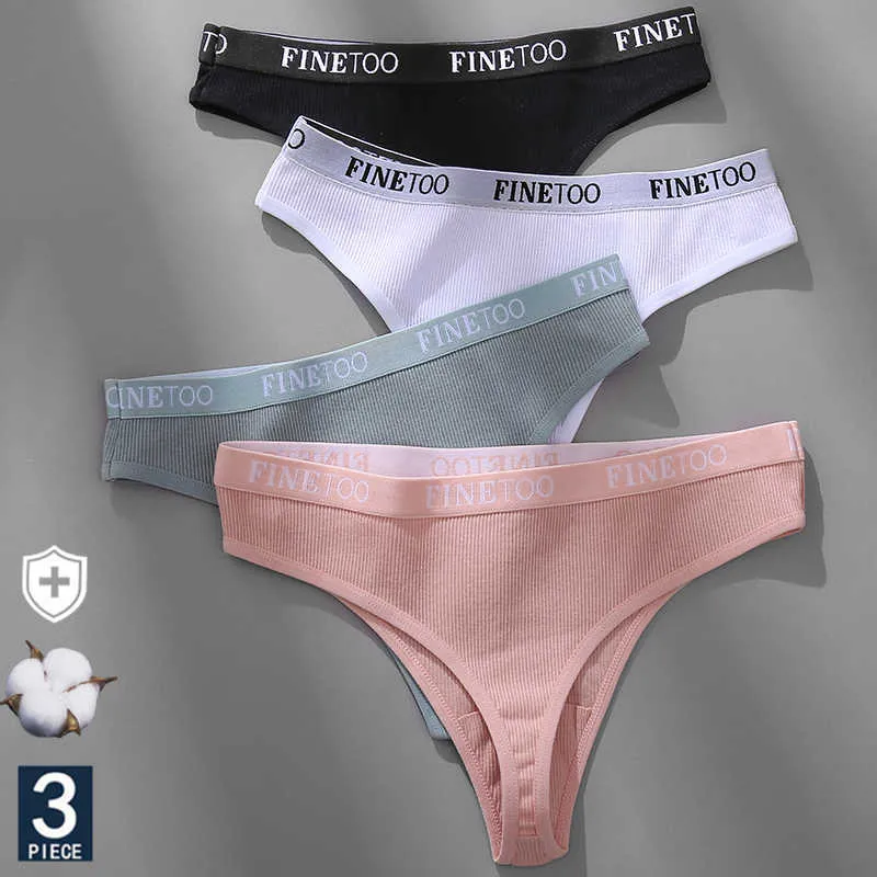 FINETOO 3PCS / SET M-XL Women's Cotton Thong Kvinna Underkant Brev Midja Underkläder För Damer Sexig G-String Kort Kvinna Underkläder Y0823