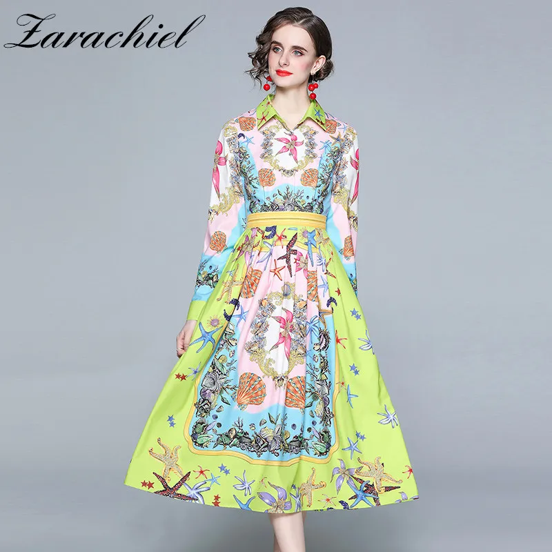 Spring Autumn Runway Conch Shell Floral Print Midi Women's Long Sleeve Vintage Elegant Party Pleated Dress Vestidos 210416