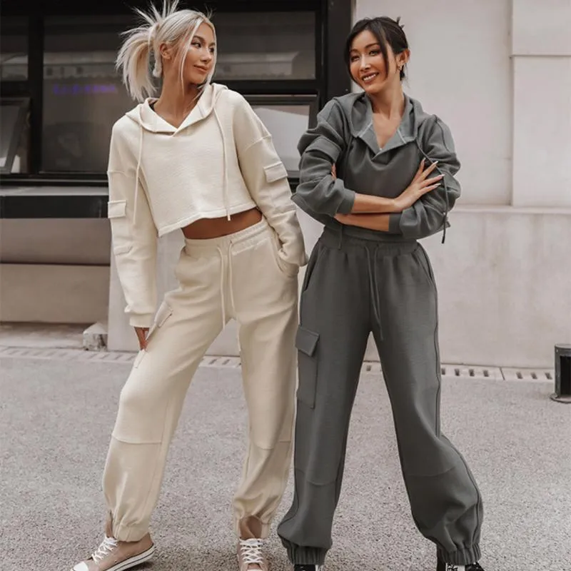 Pantalones de dos piezas para mujer MUICHES Estilo Safari Conjunto de mujer Manga de murciélago Suelta Corta con capucha Cintura elástica Cargo Bolsillo Streetwear Sólido Básico A