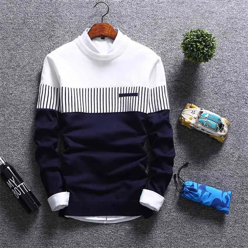Sweater Men's Inverno Pullover Homens Outono Slim Fit Striped Chita Suéters Mens Marca Vestuário Casual Puxe Hombre 210818