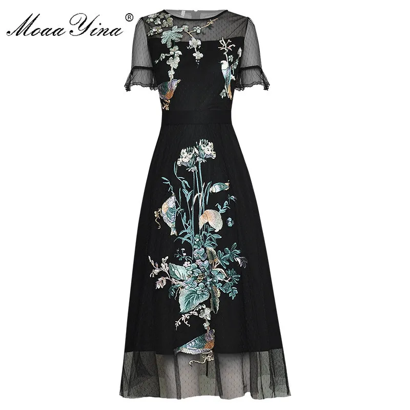 Mode Runway Kleid Sommer -Frauenkleid Kurzarm -Netz Blumen Stickkleider 210524